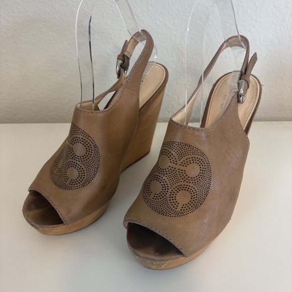 Coach Shoes - Coach Jade Tan Leather Perforated Logo Wooden Wedge Sandals Q1191 Size 7.5B